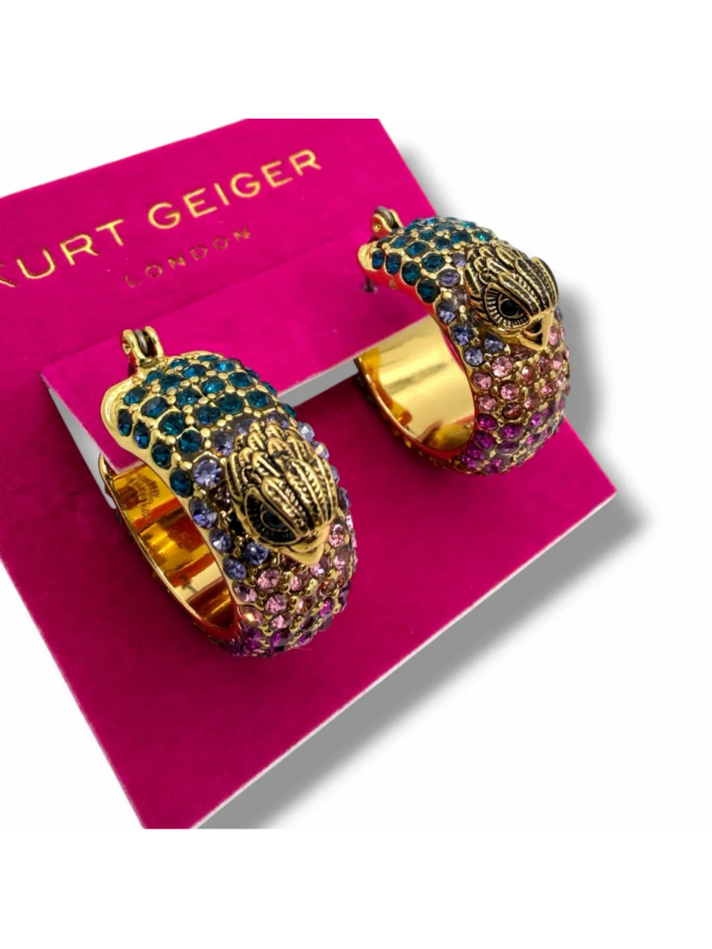 Kurt Geiger London Eagle Hoop Earrings Multicolor Crystal Gold Tone NWT